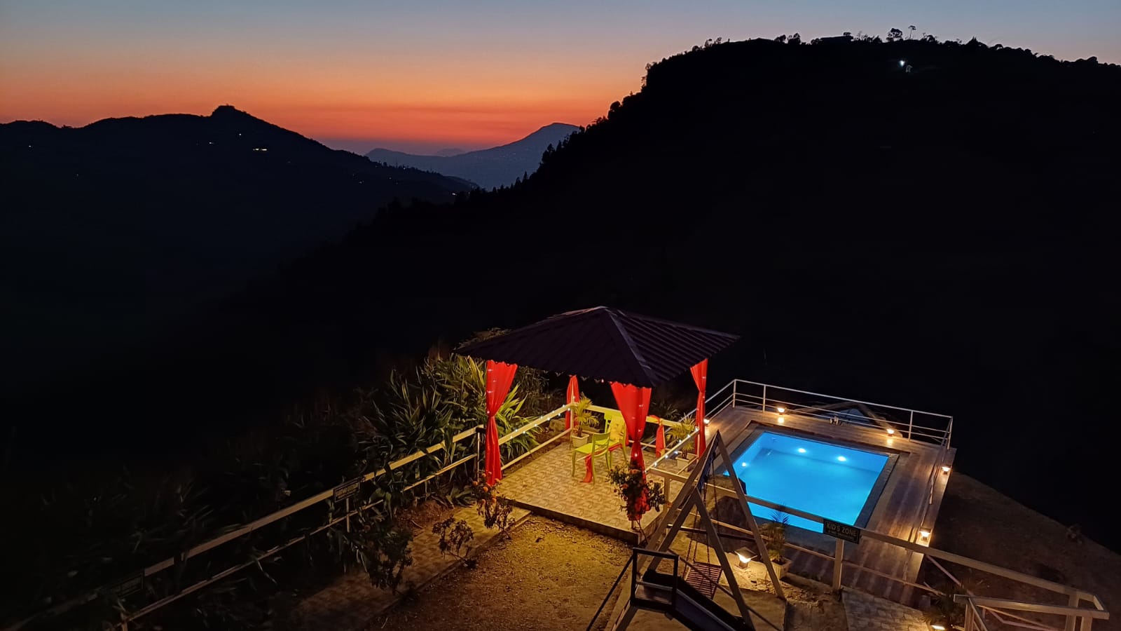 Pool and gazebo at twilight